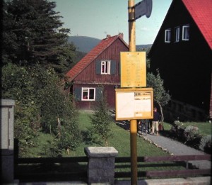 Torfhaus. Busstop with view on Brocken mountain. 1142m. August 1964